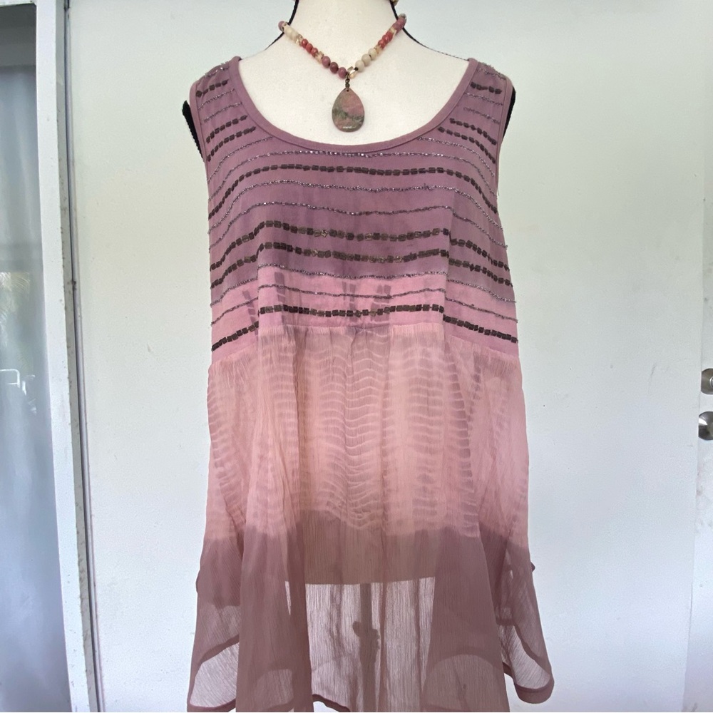 Y2K Ombre Mauve Purple Tie Dye Chiffon Beaded Tank Top Size Large